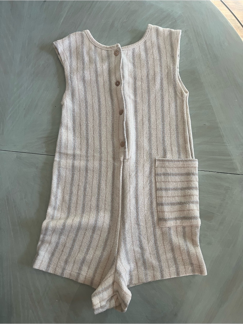 Striped Knit Button Romper in Neutral Beige